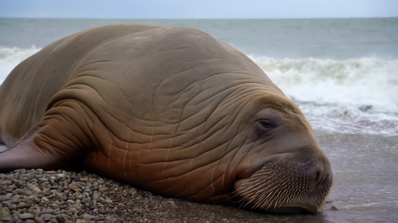 Morsa descansando en playa de guijarros cerca de la orilla, piel arrugada y rostro bigotudo, olas rompiendo en la grava