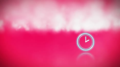 Digitale-Animation-Einer-Neonfarbenen-Digitaluhr,-Die-über-Raucheffekt-Vor-Rosa-Hintergrund-Tickt