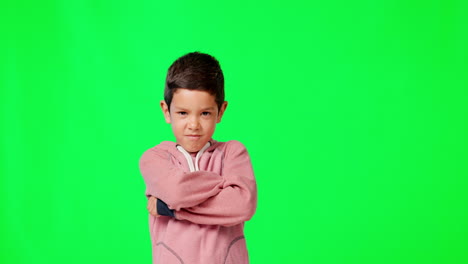 face, green screen and boy with arms crossed