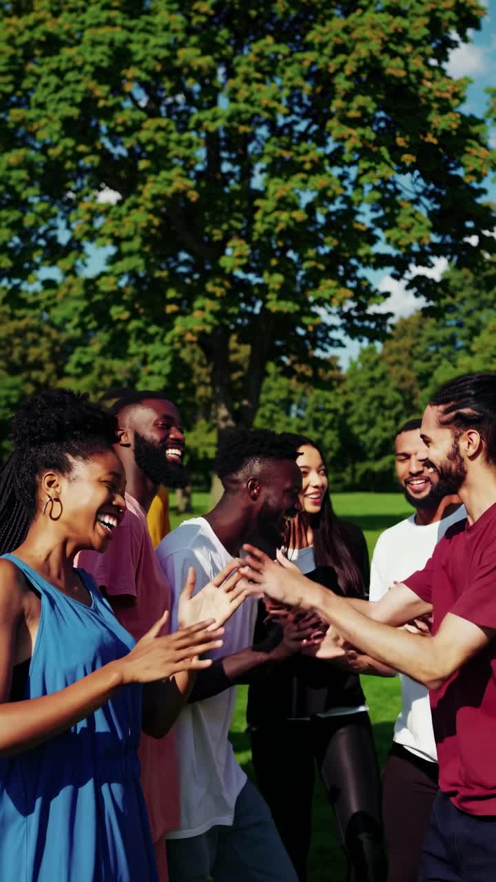 High-angle video of a joyful group of friends dancing outdoors, capturing vibrant energy