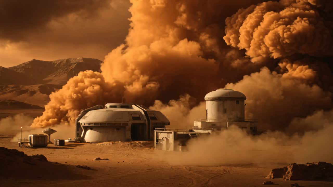 Advancing massive orange dust cloud wind-pushed toward outpost barren plain, obscuring modules