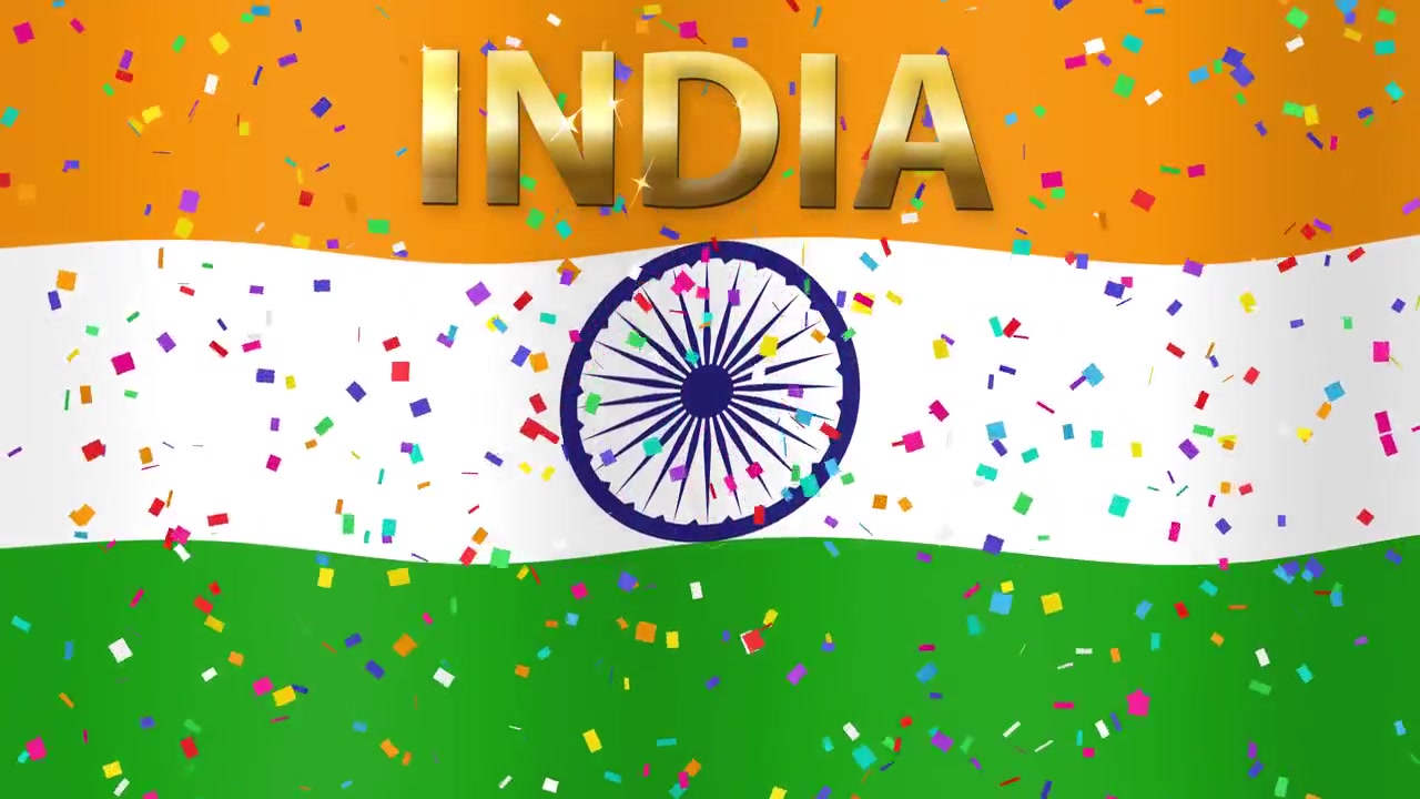 Bandera tricolor india animada ondeando con texto dorado "India" y un bucle de confeti colorido cayendo