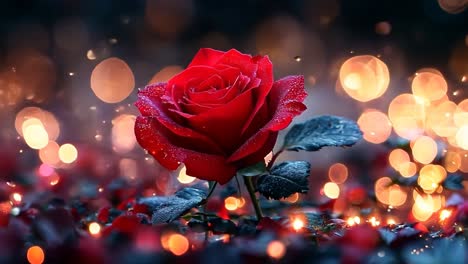 a red rose is the main focus of the image, surrounded by a dark background. the rose is the center of attention and the background is blurry, giving the impression of a dreamy, romantic atmosphere