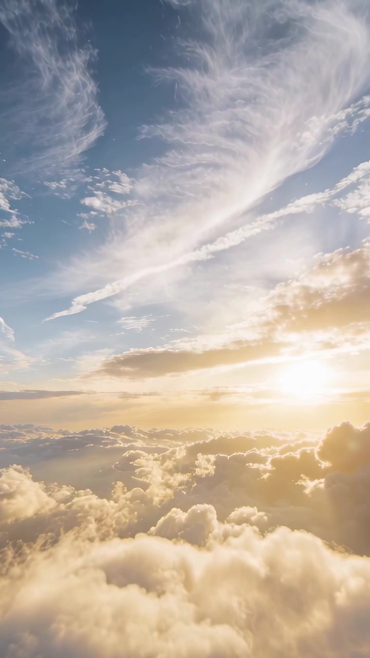 Video verticale: Telecamera che panoramica mostrando nuvole stratificate riprese da drone, mentre il sole dirada le nuvole con cirri