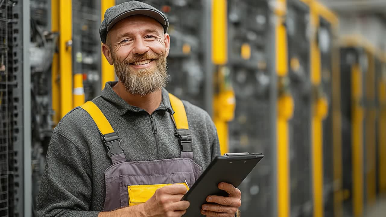 Operaio sorridente con blocco appunti in ambiente industriale, che supervisiona le operazioni in una struttura moderna dotata di macchinari e tecnologia avanzati