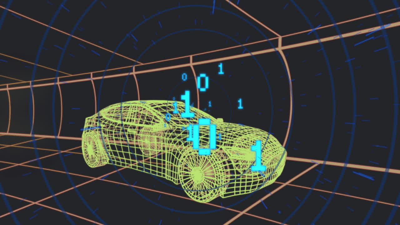 Futuristic car wireframe with binary code animation in digital tunnel