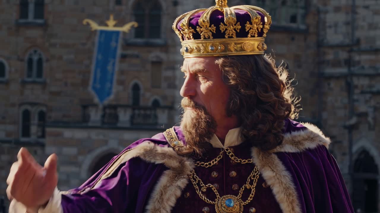 A regal figure in a crown and royal attire waves in a medieval setting