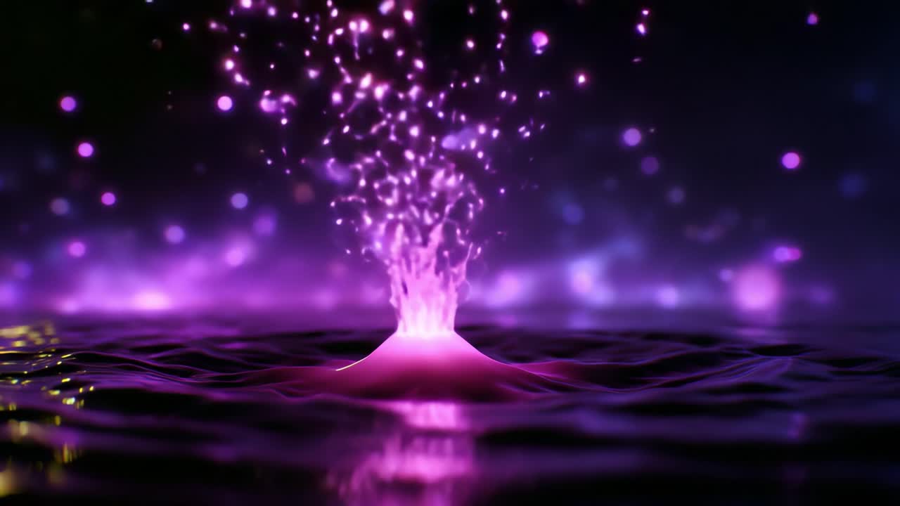 A mesmerizing display of purple-hued water droplets bursting from the surface, creating a stunning visual spectacle of sparkling particles and waves that captivates the senses and inspires awe