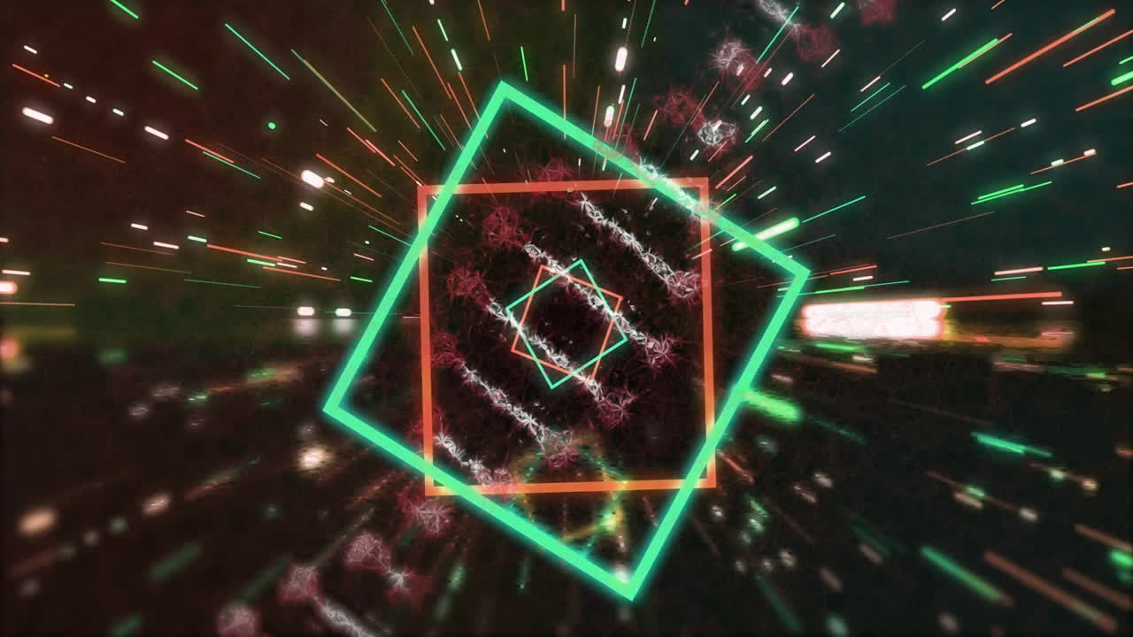 Animation of geometric shapes with colorful light streaks creating dynamic motion
