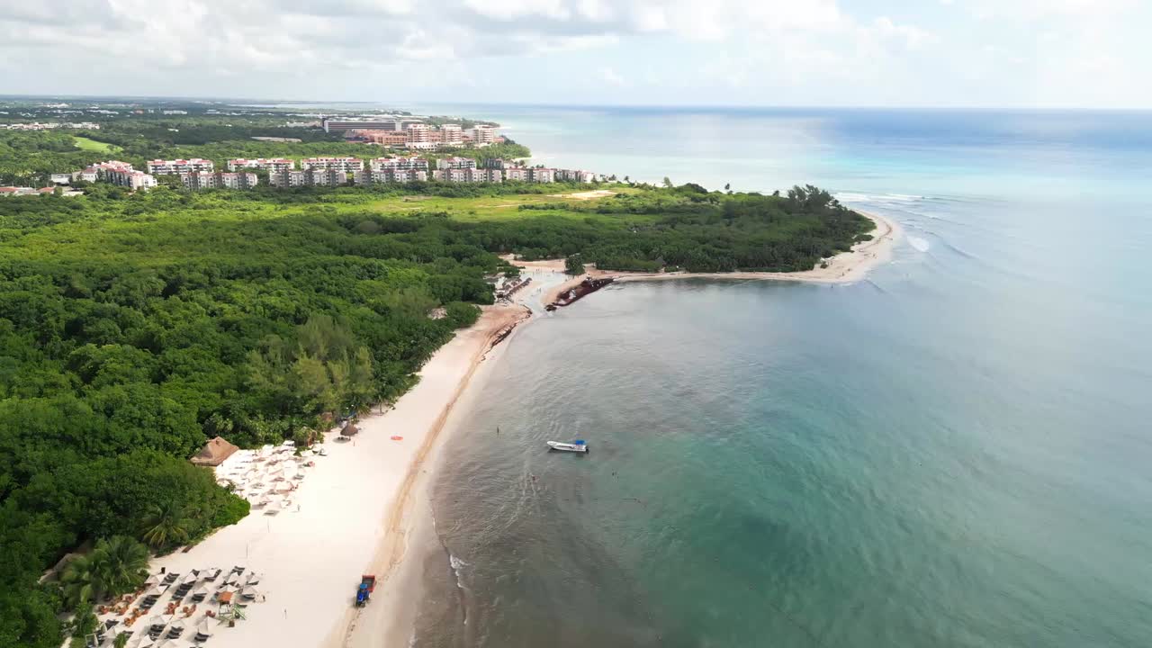 Dense Forest Edge At The White Sand Beaches Of Playa Punta Esmeralda In Playa Del Carmen, Mexico. Aerial Drone Shot