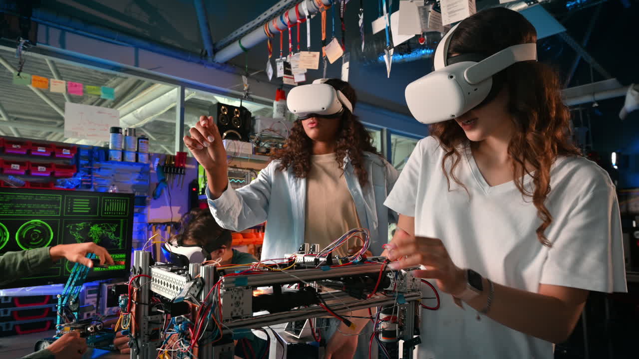 Group of young people in VR glasses doing experiments in robotics in a laboratory. Gesticulating. Robots on the table