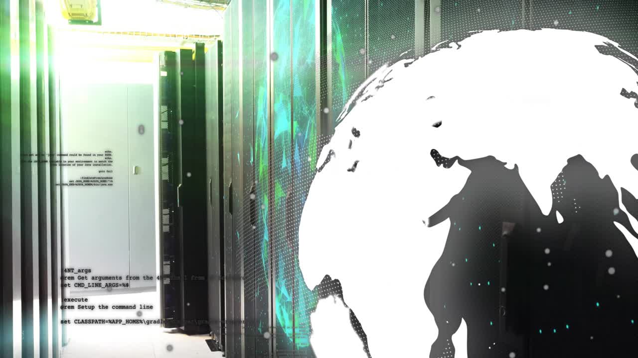 After start rotating digital globe sweeping aisle, drifting bits, flashing code showing data flow