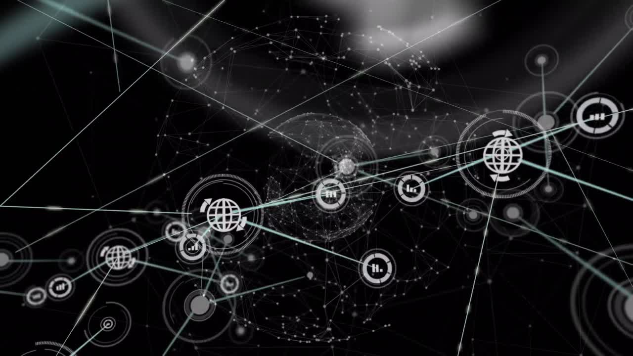 Animation of growing network of information and global sharing icons transferring data on black