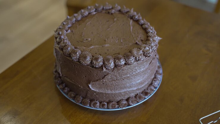 A multi-layered homemade chocolate cake ready to eat