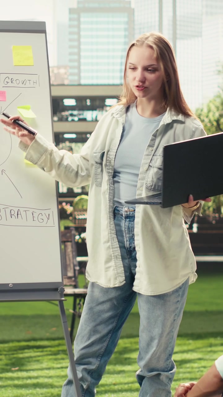 Vertical Video Student explaining strategy whiteboard to classmates on outdoor campus