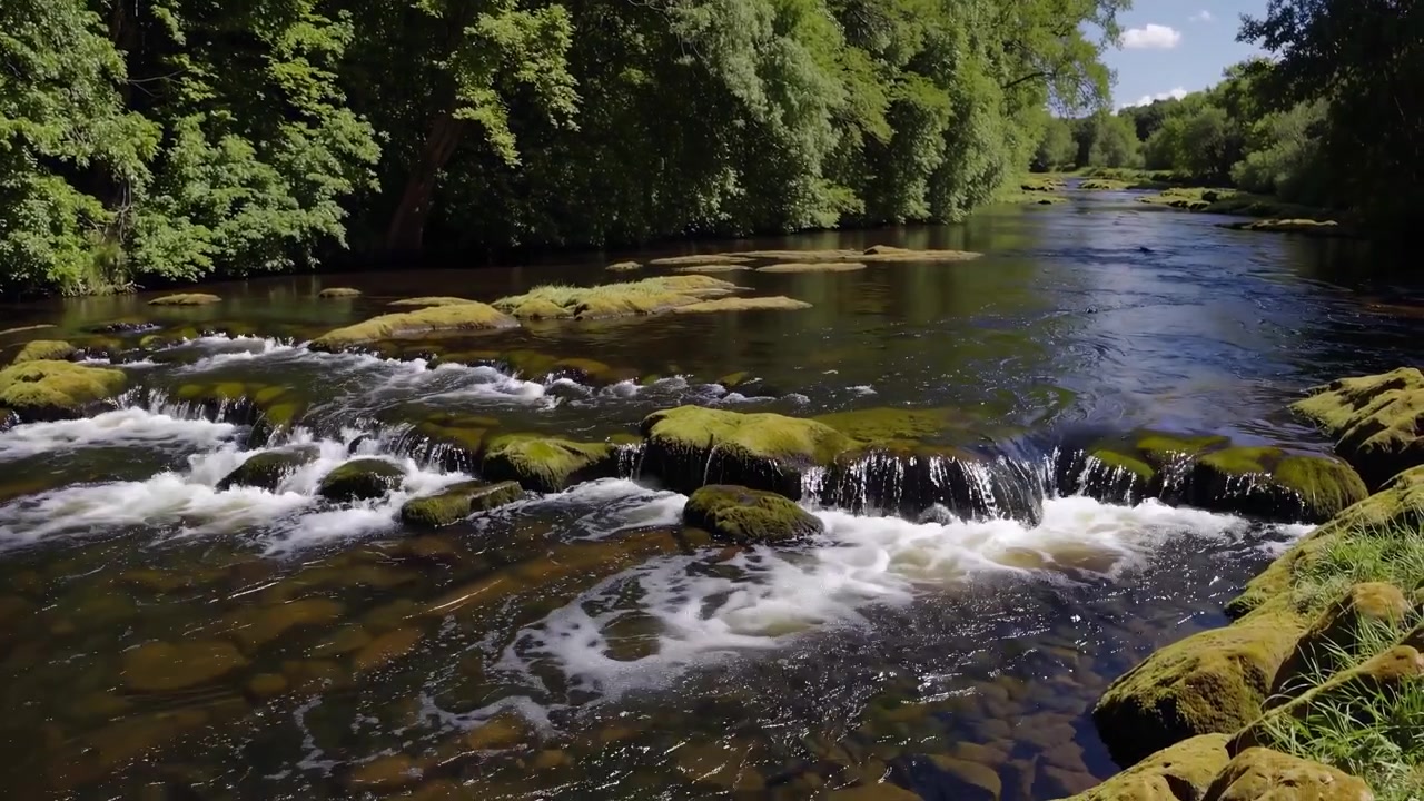 Fiume panoramico che scorre attraverso una lussureggiante foresta verde