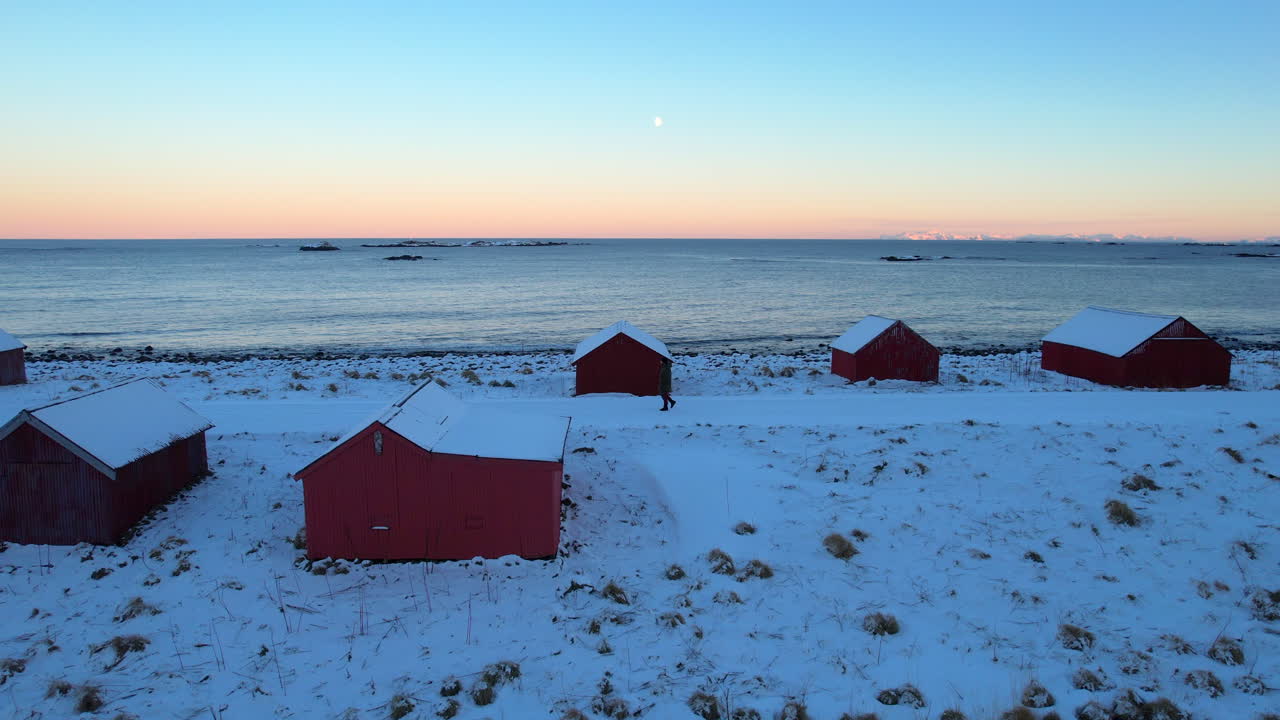 4K sideways tracking shot at Eggum, Lofoten. A traveler walks along a lonely Arctic road during blue hour sunrise, showing the scale of the snow covered coastal landscape in Norway