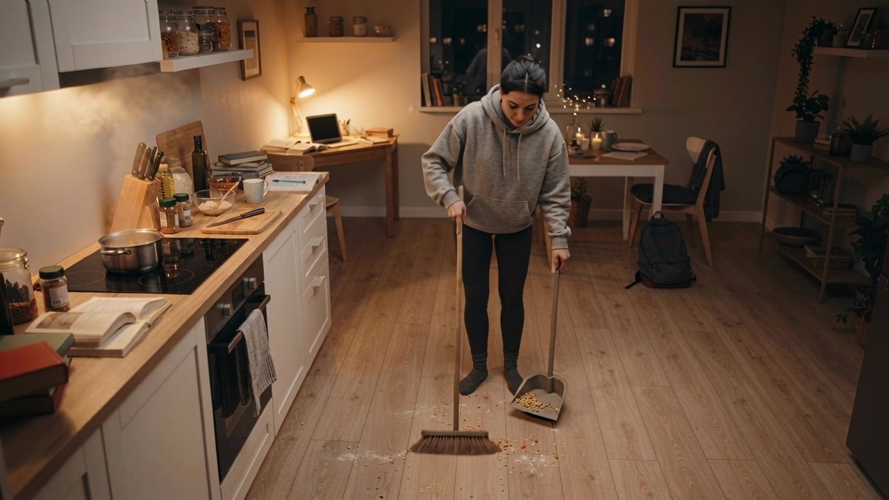 Noticing spill, adult woman wearing gray hoodie sweeping kitchen floor at night with broom, dustpan