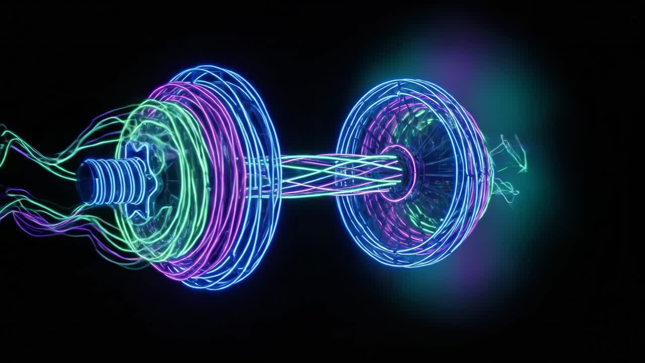 Abstract Neon Dumbbell with Glowing Lines Rotating