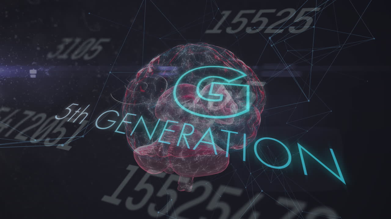 회전하는 뇌 위에 박이는 텍스트를 가진 5g 애니메이션은 글로벌 디지털 커뮤니케이션을 상징합니다.