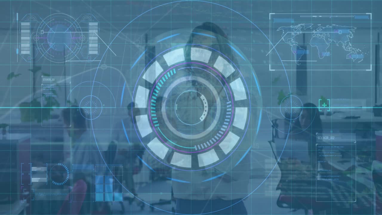 사무실에서 고 있는 백인 사업가 여성에 대한 데이터 처리 애니메이션