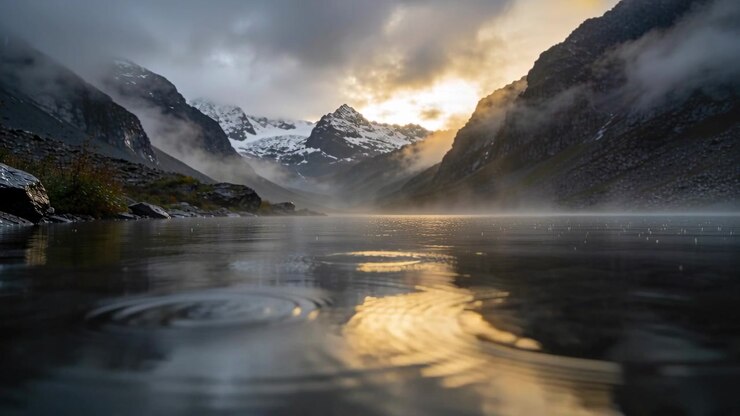 Drizzle hitting alpine lake surface, sending ripples across glacial valley, breaking sun reflection