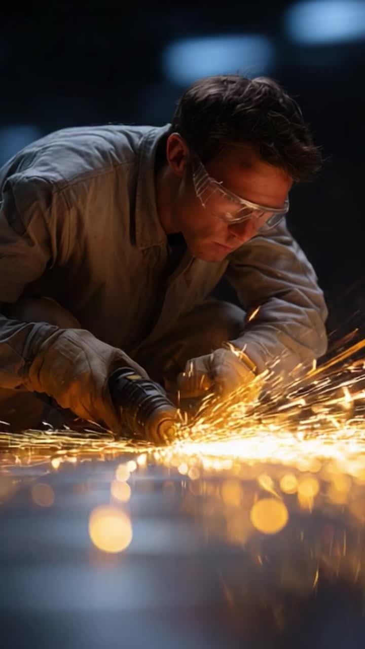 A Skilled Artisan Working on Metal, Generating Sparks with a Drill in a Dimly Lit Workshop, Showcasing Precision and Dedication to Craftsmanship