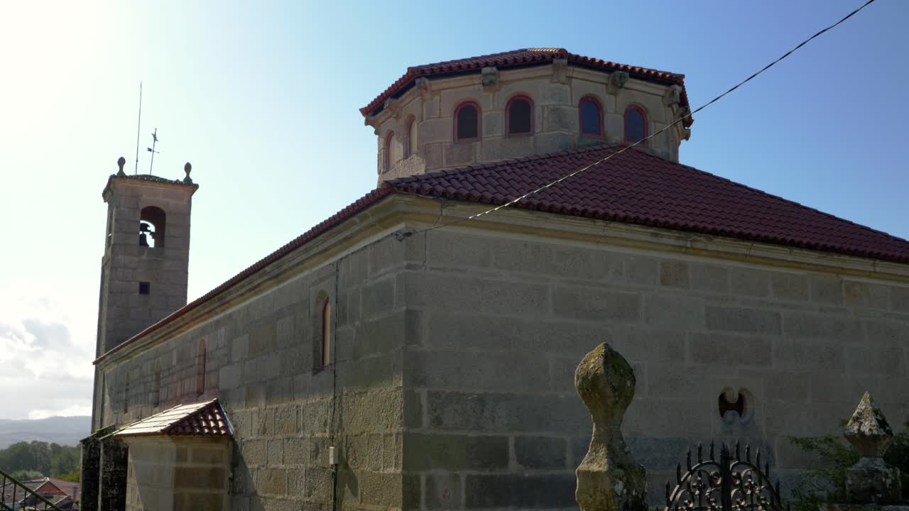 Wide view of Santa María de Parada de Outeiro church in Vilar de Santos, Ourense, Spain