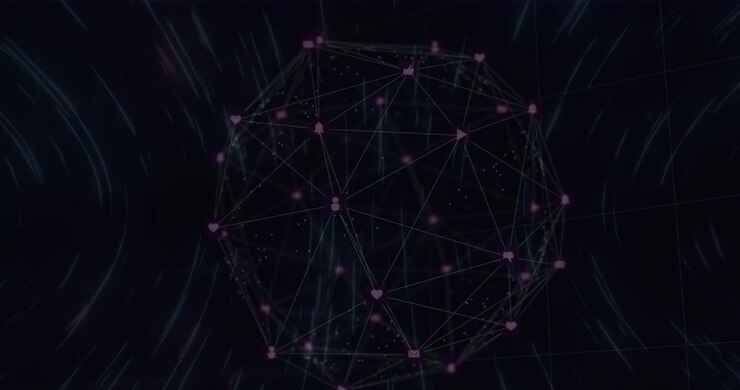 Animazione di una rete di connessioni con icone su sfondo nero.