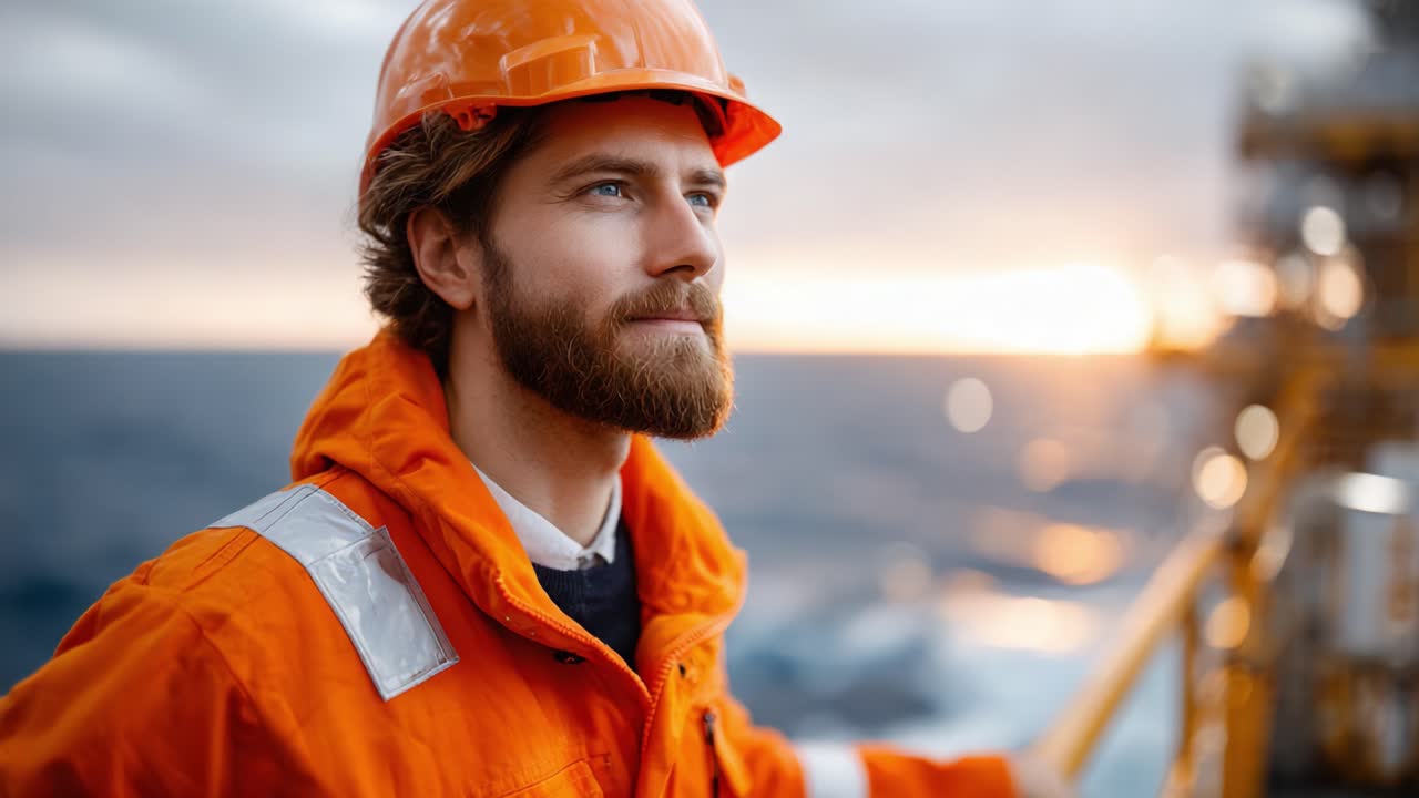 A Thoughtful Worker in Safety Gear Reflects at Sunset on Offshore Operations, Capturing the Essence of Maritime Safety and Professionalism in a Maritime Environment
