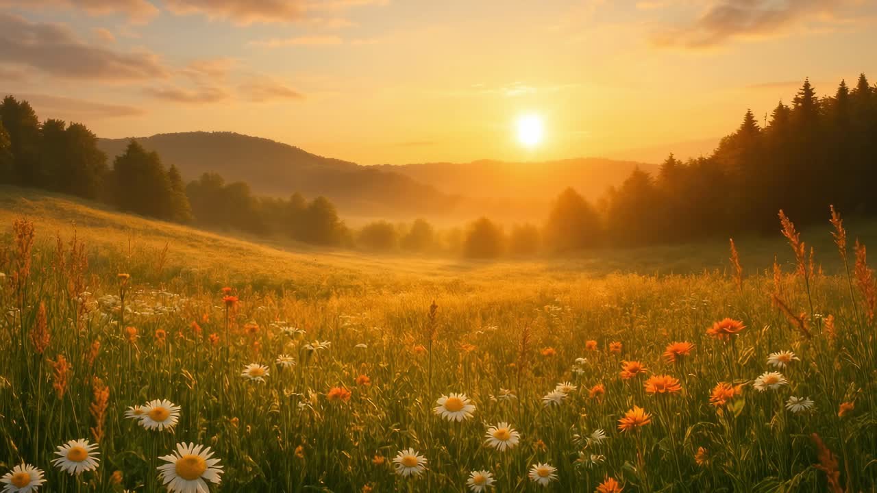 A serene landscape video captures a low-angle view of a sunlit meadow with wildflowers, framed