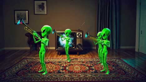 green aliens playing trumpets in retro living room