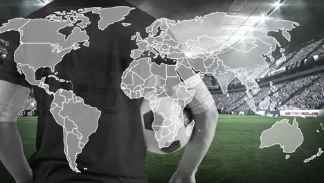 animation of caucasian male soccer player with football over world map and stadium