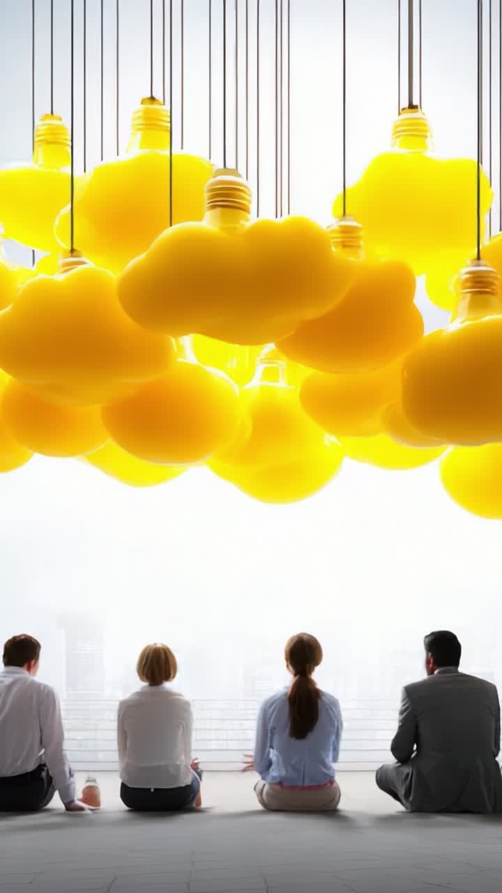 Inspiring Ambiance: A Group of Professionals Sitting Under Bright Yellow Cloud-Shaped Lights, Eagerly Awaiting Inspiration and Creative Ideas in Modern Workspace