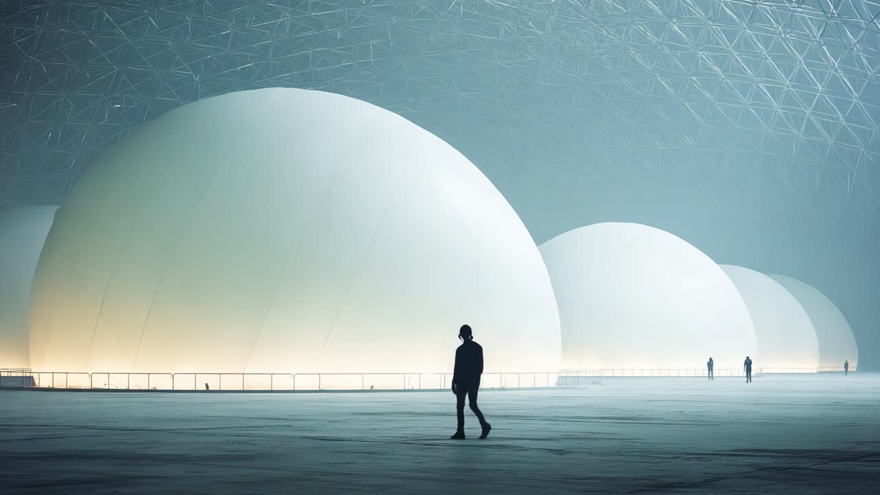 A Serene Encounter with Futuristic Domes: A lone figure walks through an ethereal, illuminated space, framed by massive, glowing white domes and the quiet ambiance that envelops the scene