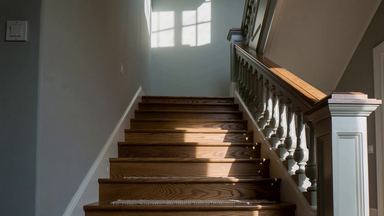 La lumière du soleil entrant se déplace le long d'un escalier en chêne à la maison, projetant l'ombre d'une fenêtre sur les tapis et les balustres.