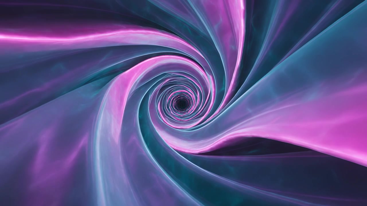 Inizia la rotazione, la spirale centrale si stringe, trascinando lo spettatore in un vortice oscuro, con nastri luminosi