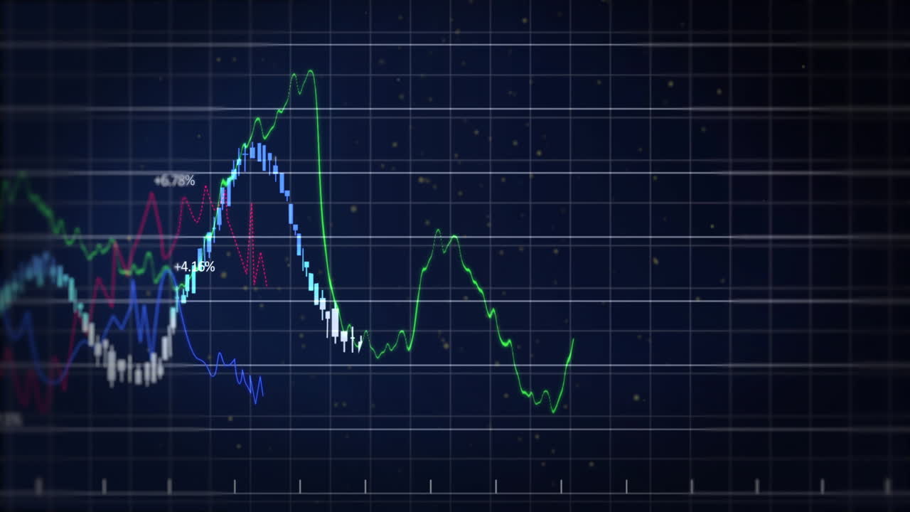 Animation of financial data processing over dark background