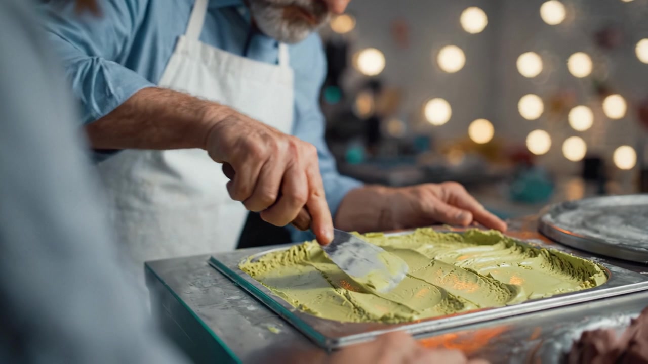Dominando a Arte do Gelato: Um Artesão Habilidoso Espalhando Cuidadosamente Gelato de Pistache Recém-Feito em uma Cozinha Colorida com Iluminação Ambiente Encantadora