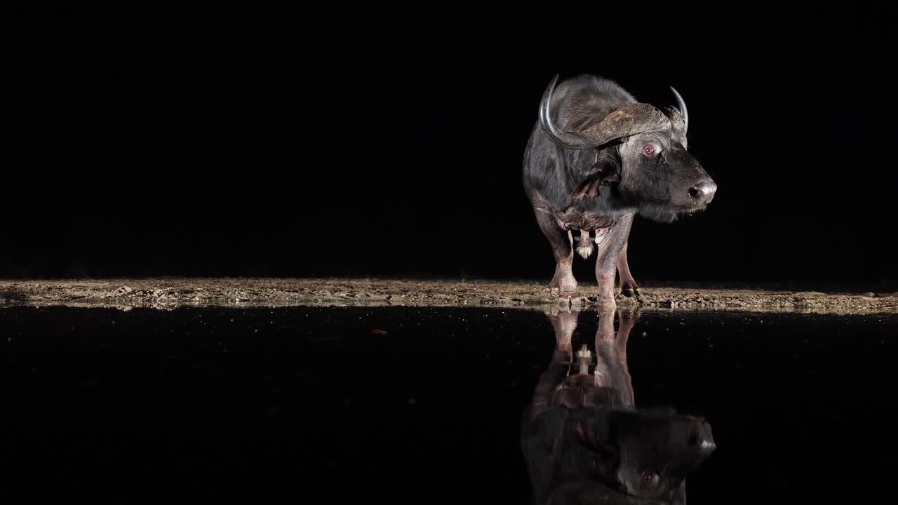 측면 조명 케이프 버팔로는 밤의 어둠 속에서 급수 구멍에 서