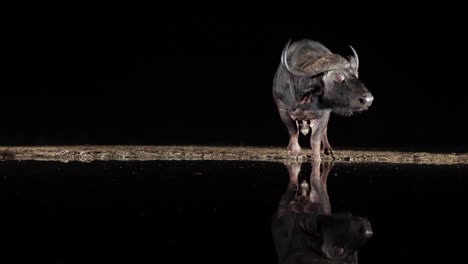 side lit cape buffalo stands at watering hole in blackness of night