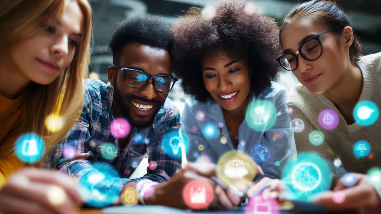 A Diverse Group of Young Professionals Collaborating on Creative Ideas with Digital Icons, Emphasizing Teamwork, Innovation, and Modern Communication Technologies at Their Fingertips