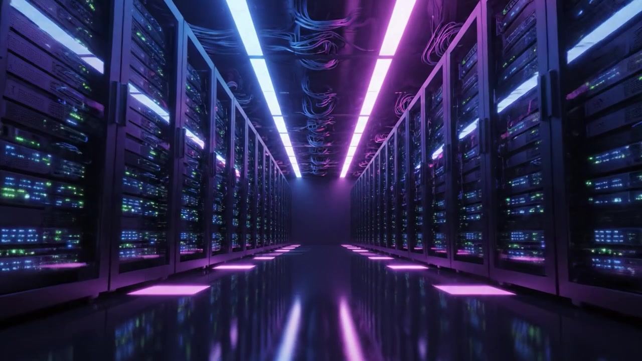 A Futuristic Data Center Displaying High-Tech Servers with Vibrant LED Lighting, Highlighting Modern Technology and Advanced Networking in a Dark Environment