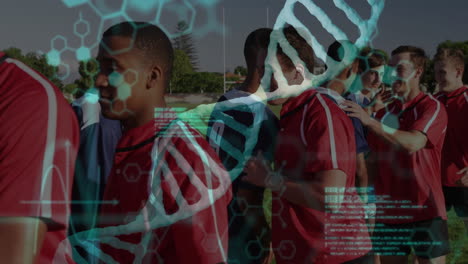 teenage boys shaking hands on grassy sports field, showing dna helix code graphics in sports tech