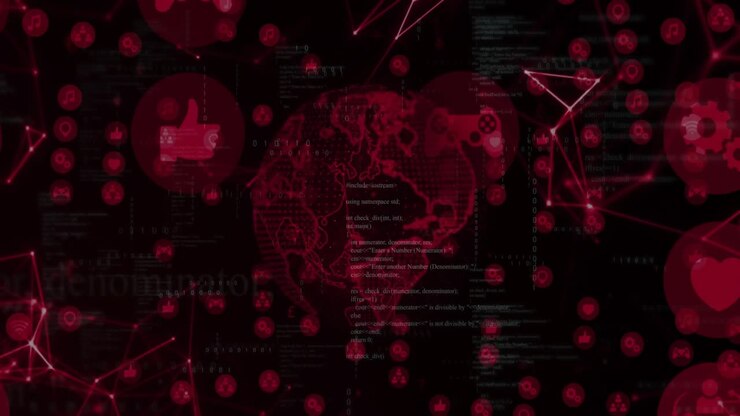 Drifting data points and code driving rotating wireframe globe pulsing icons showing global network