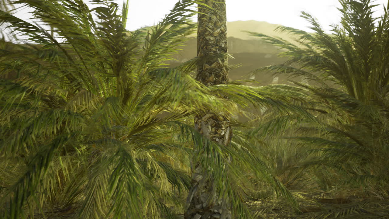 Lush green palm trees swaying gently in the warm sunlight of a tropical oasis