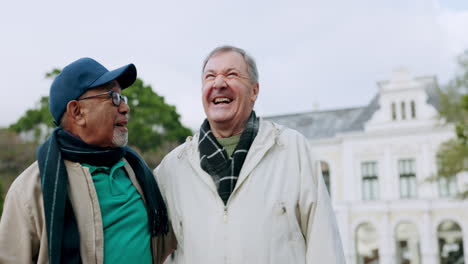 nature, discussion and mature friends walking