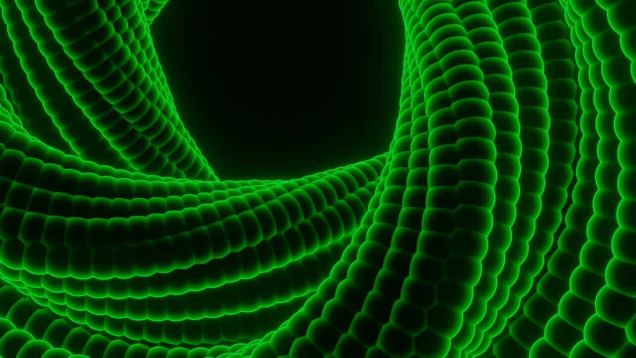 Animation with swirling loop on black background. Design. 3D twisting loop with snake texture. Rotating spiral made of snake skin