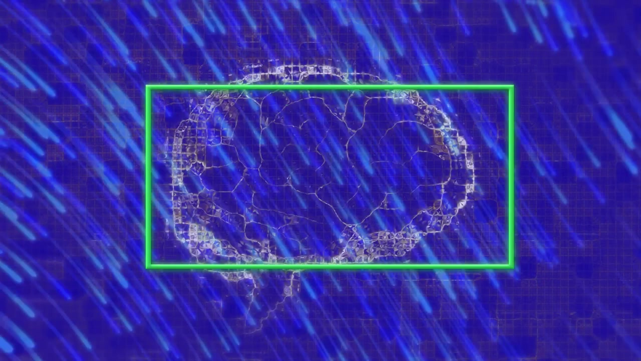 Animation of digital brain over shapes and lines on blue background