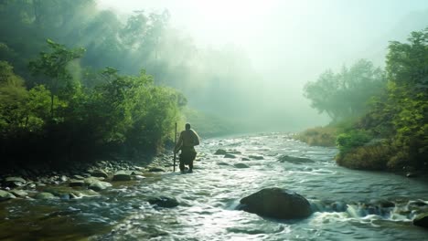 man walking through a river in the jungle